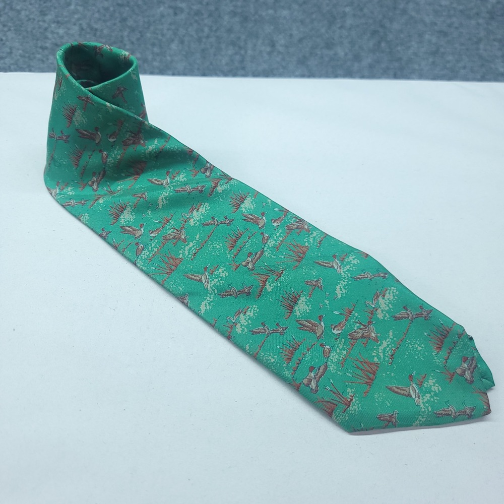 Vintage Fendi Cravatte Mens Silk Tie Green Mallard Duck Hunting Motif